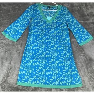 Boden Women's Green/Blue Kaftan Dress 3/4 Bell Sleeve Button Embellished Size 8